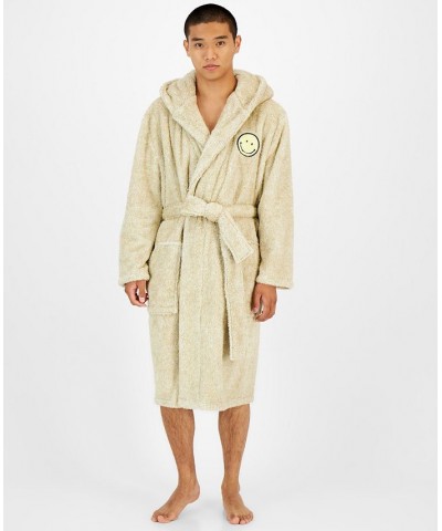 Men's Smiley Embroidered Hooded Fleece Robe Tan/Beige $16.91 Pajama